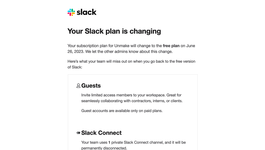 Slack Downgrade Confirmation Email