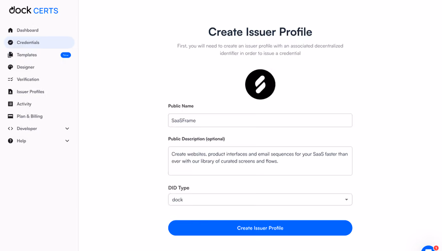 Dock Create Issuer Profile