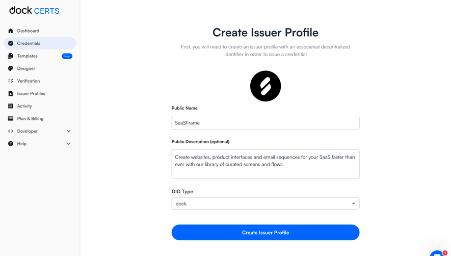 Dock Create Issuer Profile