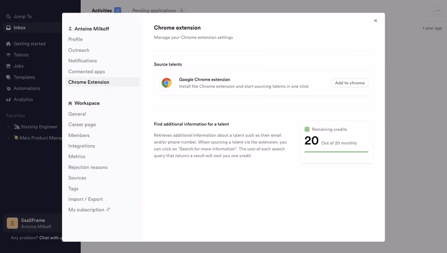 Crew Chrome extension settings