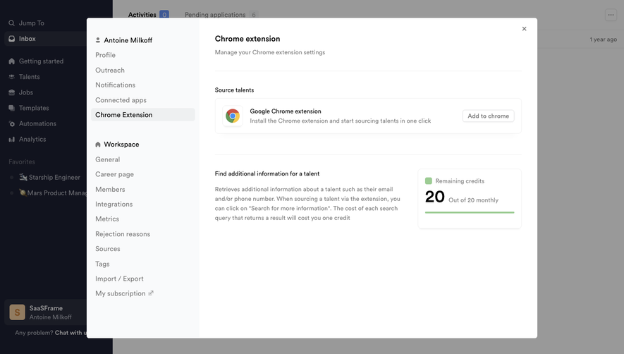Crew Chrome extension settings