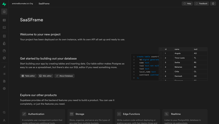 Supabase New Project Welcome Screen