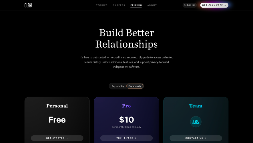 Clay Pricing Page