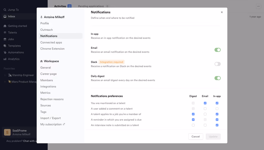 Crew Notifications settings