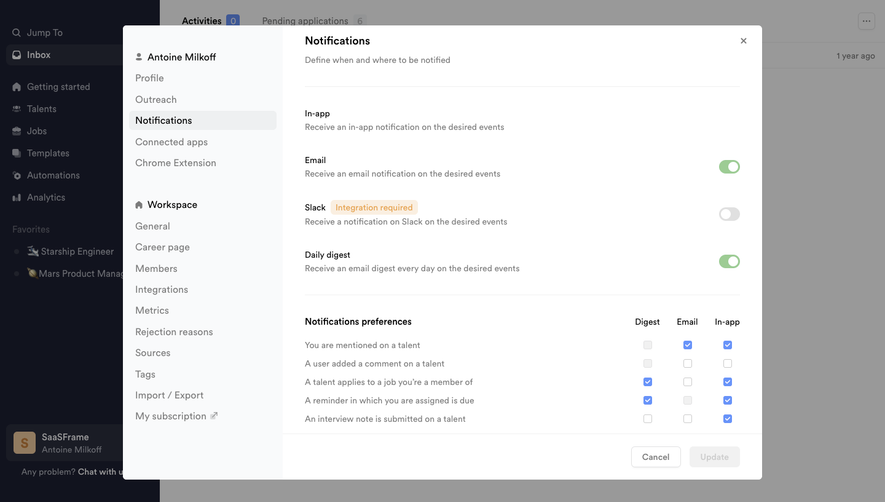 Crew Notifications settings