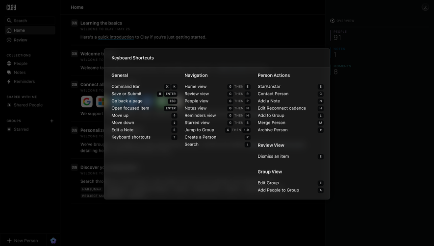 Clay Keyboard Shortcuts