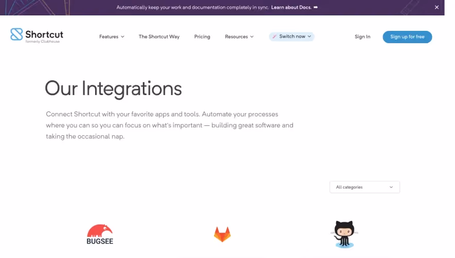 Shortcut lubhouse Integrations Page