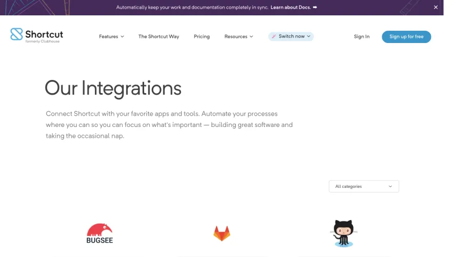 Shortcut lubhouse Integrations Page