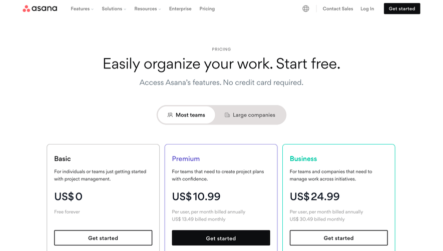 Asana Pricing Page