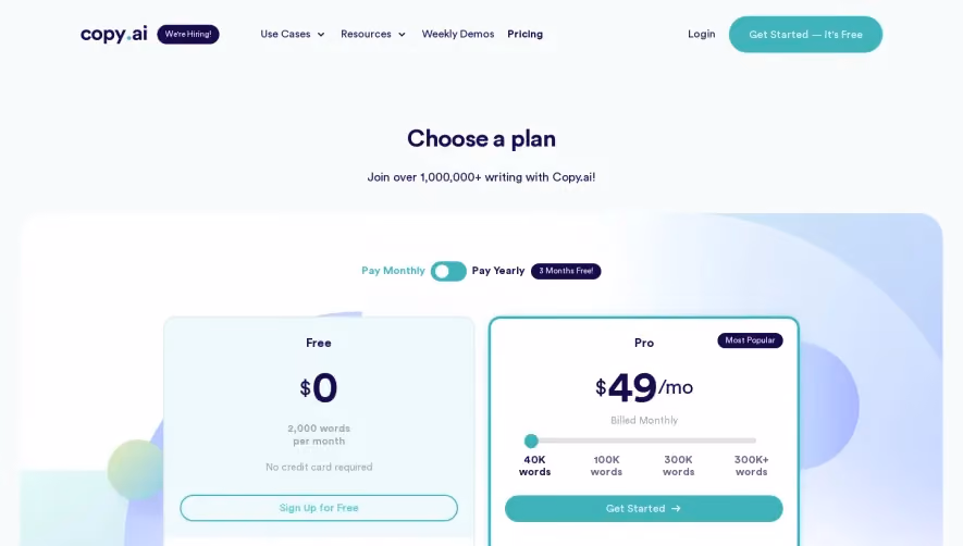 Copy.ai Pricing Page