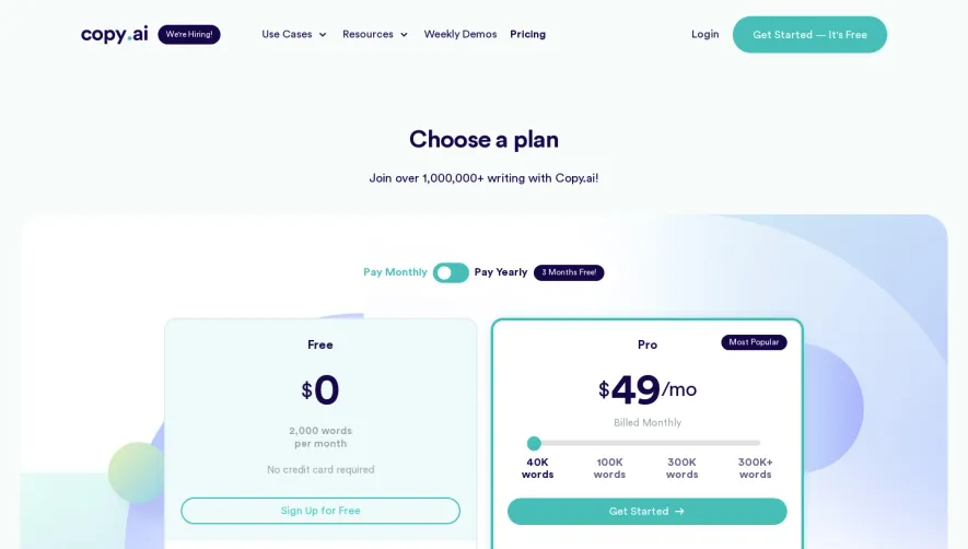 Copy.ai Pricing Page