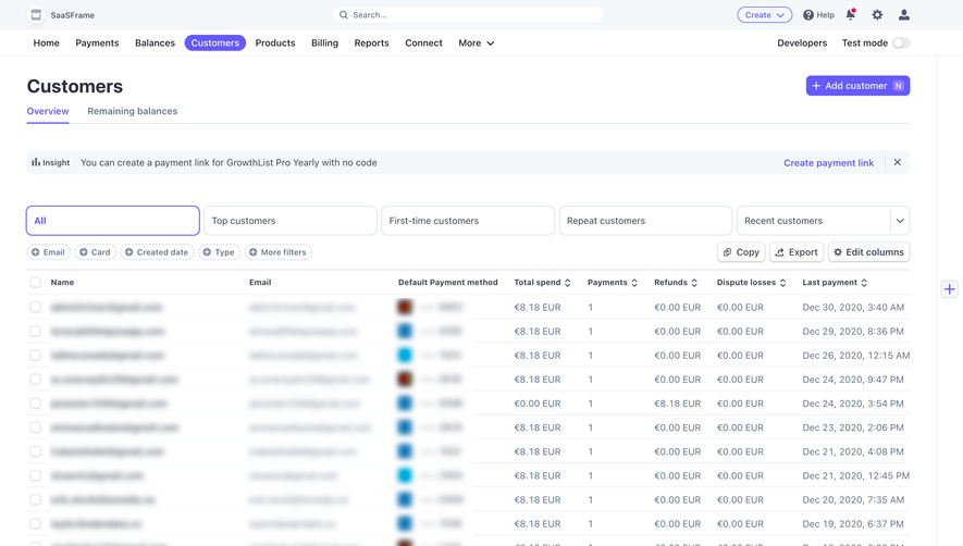 Stripe Customers Dashboard