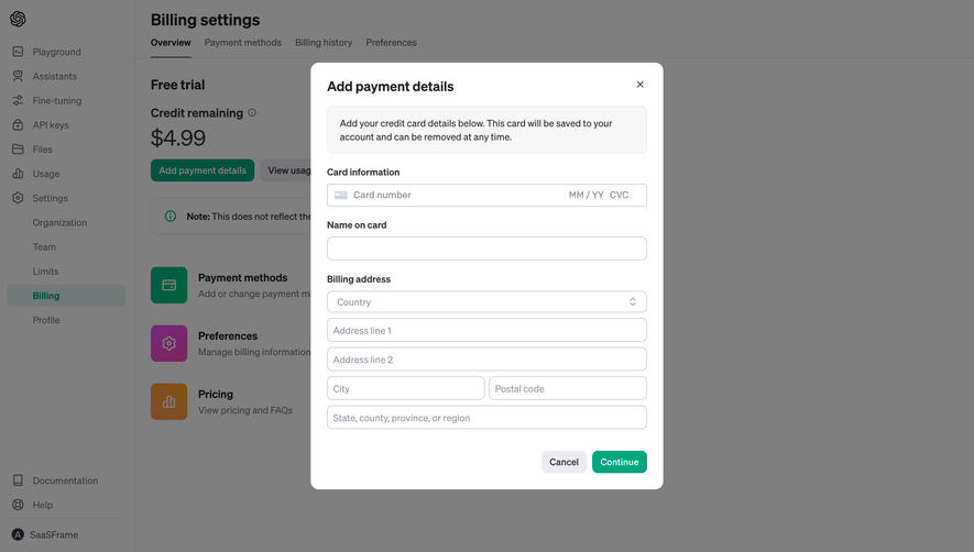 OpenAI Add Payment Details