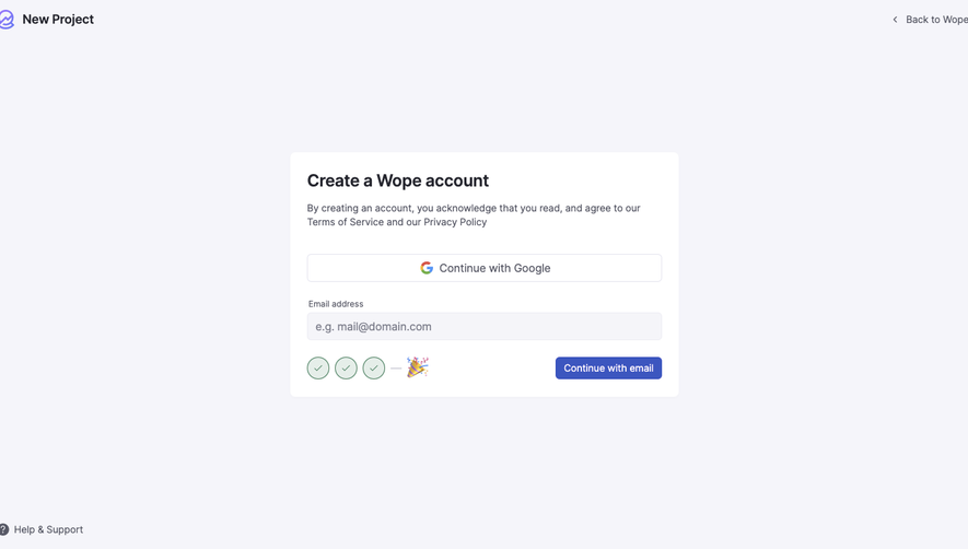 Wope Create account