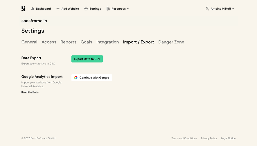 Pirsch Analytics Import/Export Settings