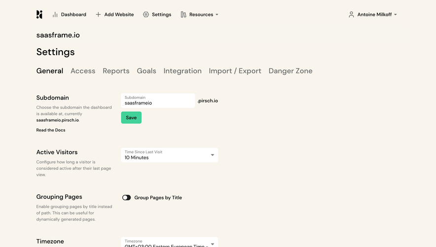 Pirsch Analytics General Settings
