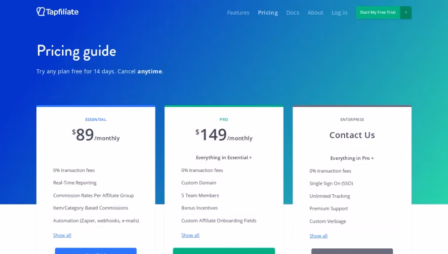 Tapfiliate Pricing Page