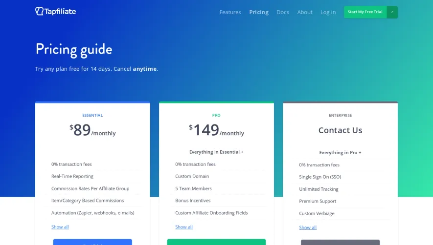 Tapfiliate Pricing Page
