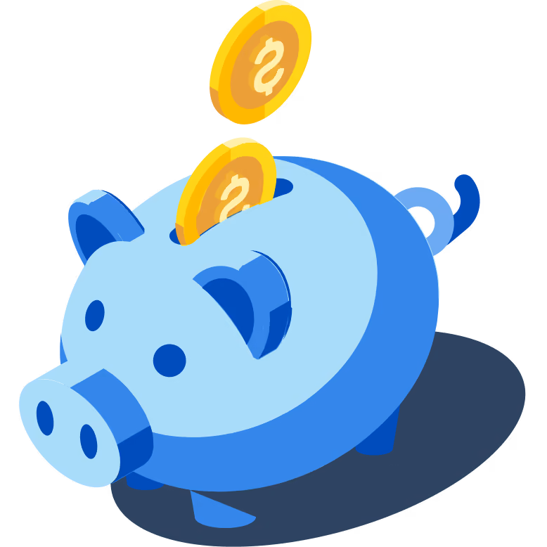 Blue piggy bank with gold coins showing dollar signs being inserted into its slot.