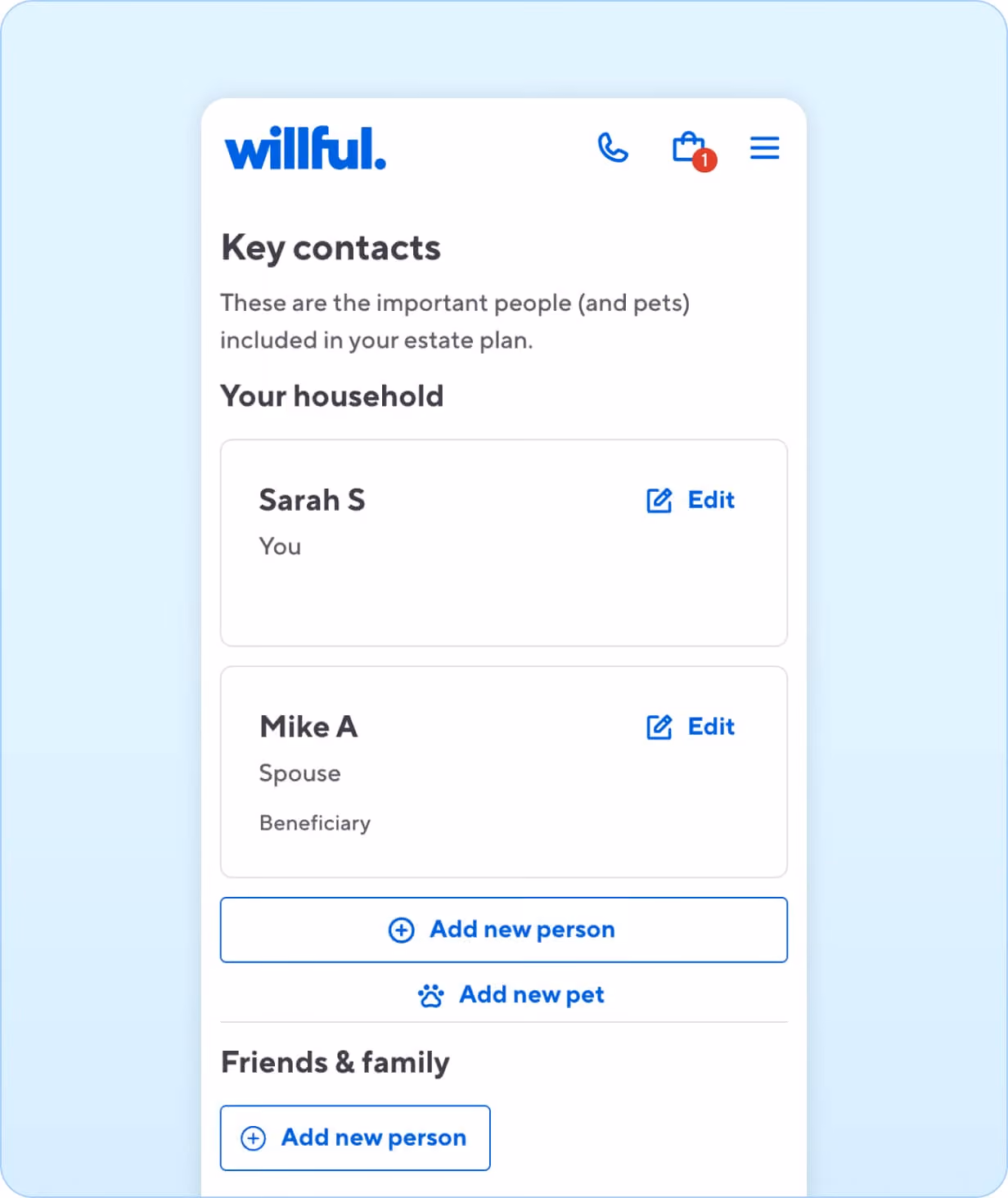Willful app interface