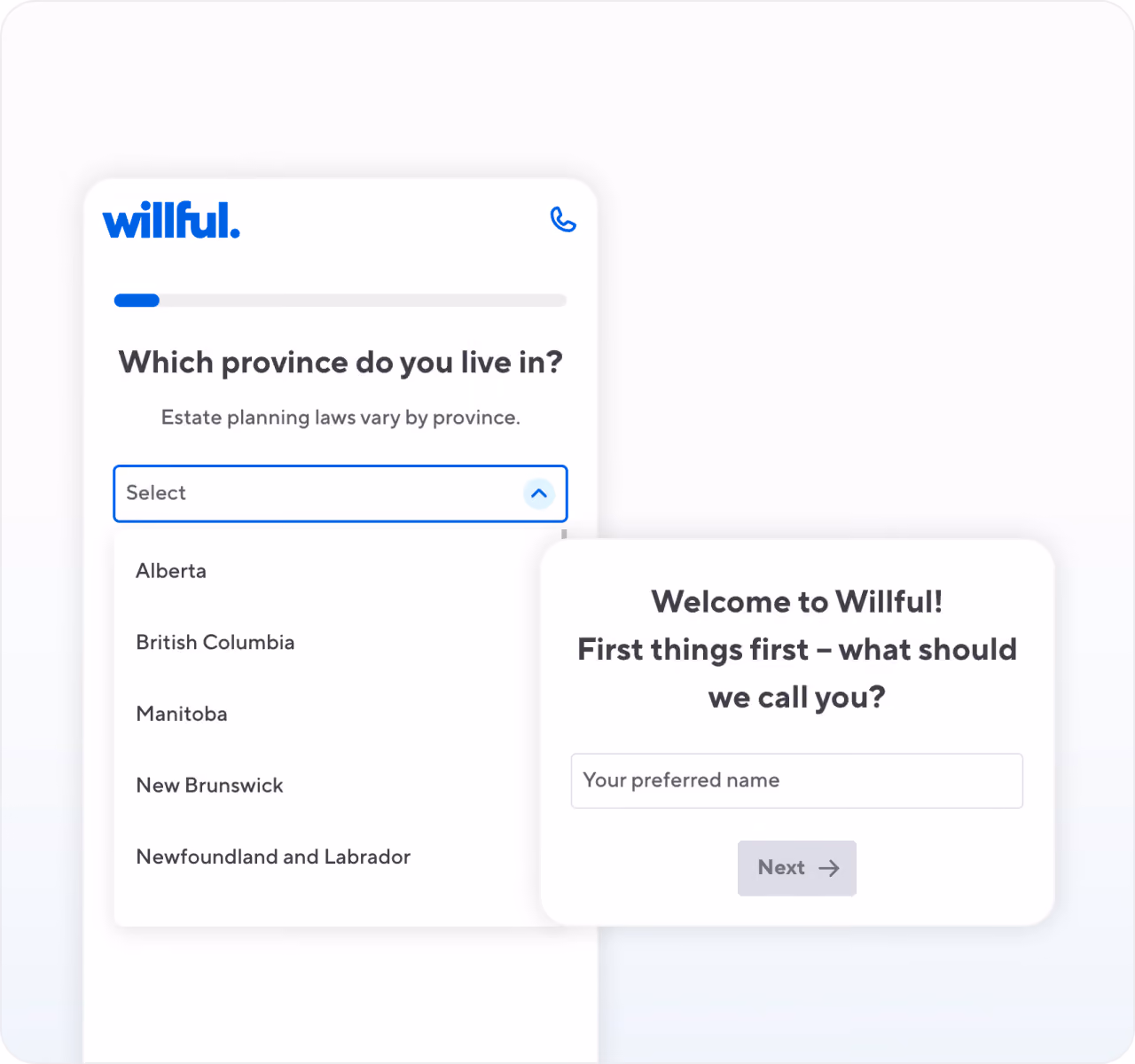 User interface from Willful showing a form question: 'Which province do you live in?' with a dropdown menu. Next to it is a dialog box asking 'Welcome to Willful! First things first – what should we call you?' with a text field labeled 'Your preferred name' and a Next button.