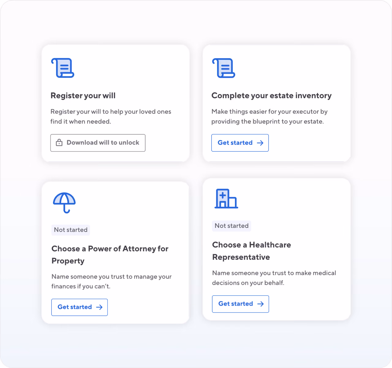 Willful services beyond drafting a will. Four cards each with blue icons and text for estate planning steps: Register your will; Complete your estate inventory; Choose a Power of Attorney for Property; and Choose a Healthcare Representative.