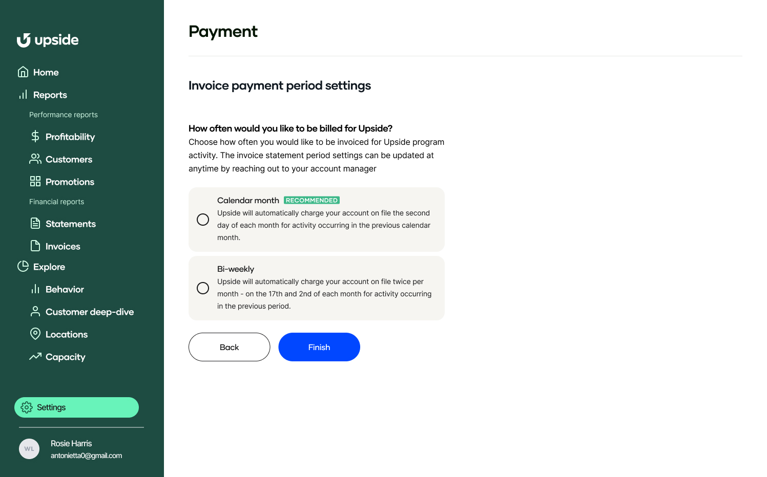 Upside Dashboard Payment Frequency