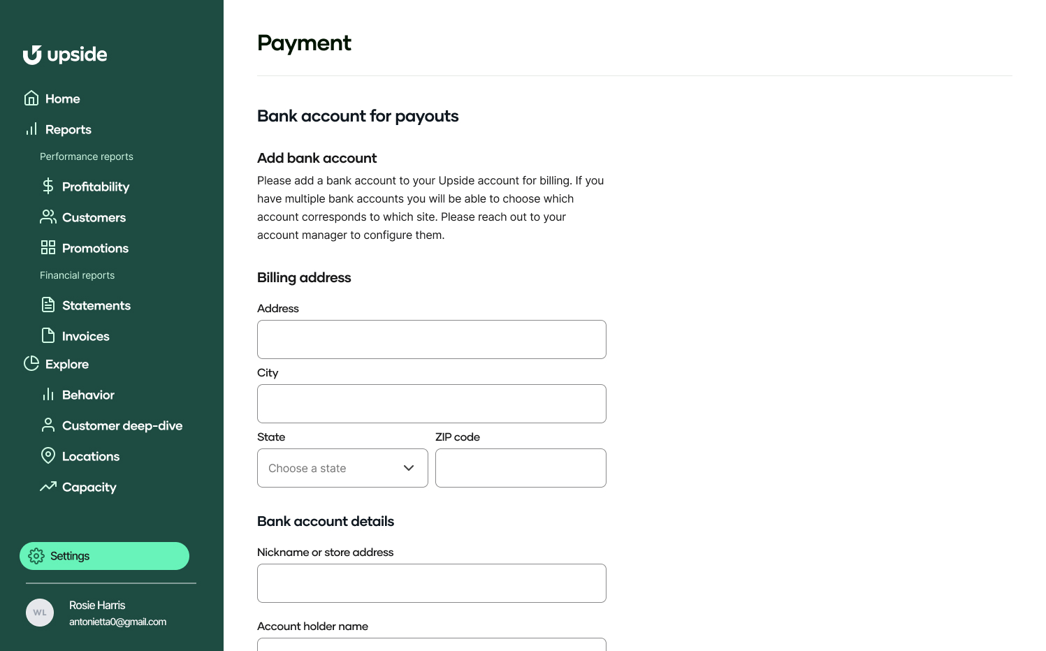 Upside Dashboard Add a Bank Account