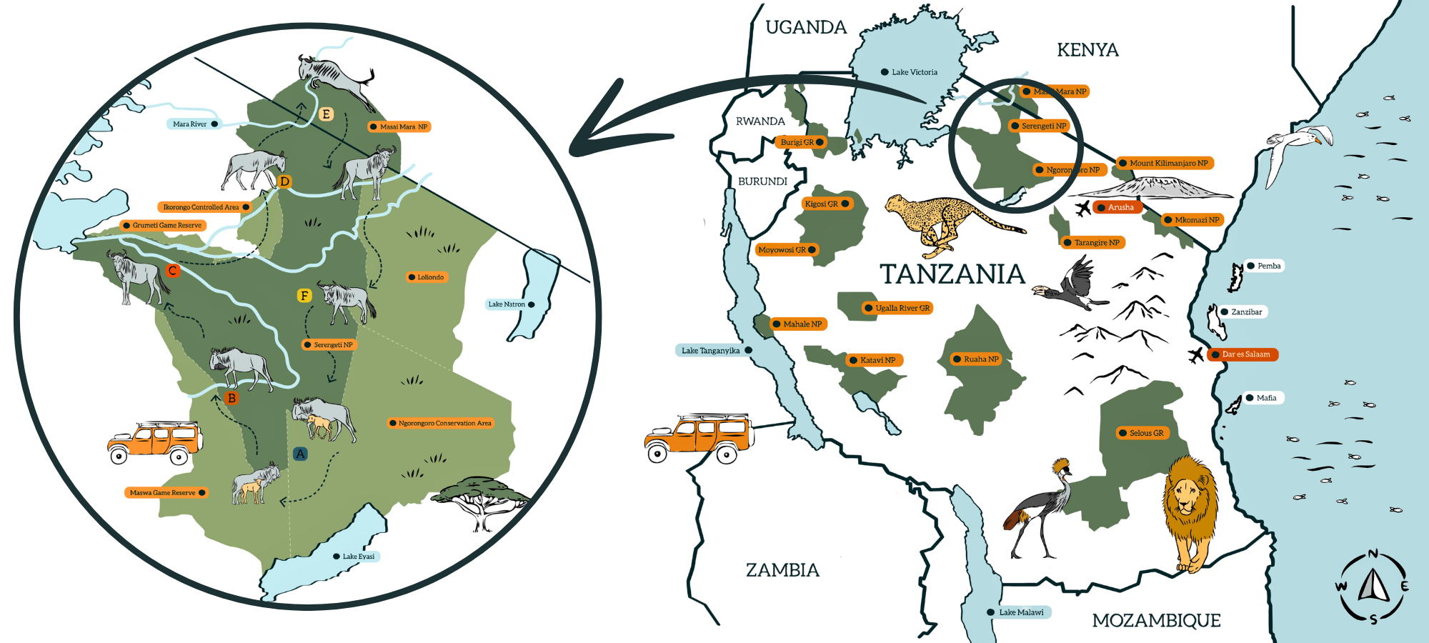 Map of the serengeti mara game reserves copyright wild wonderful world