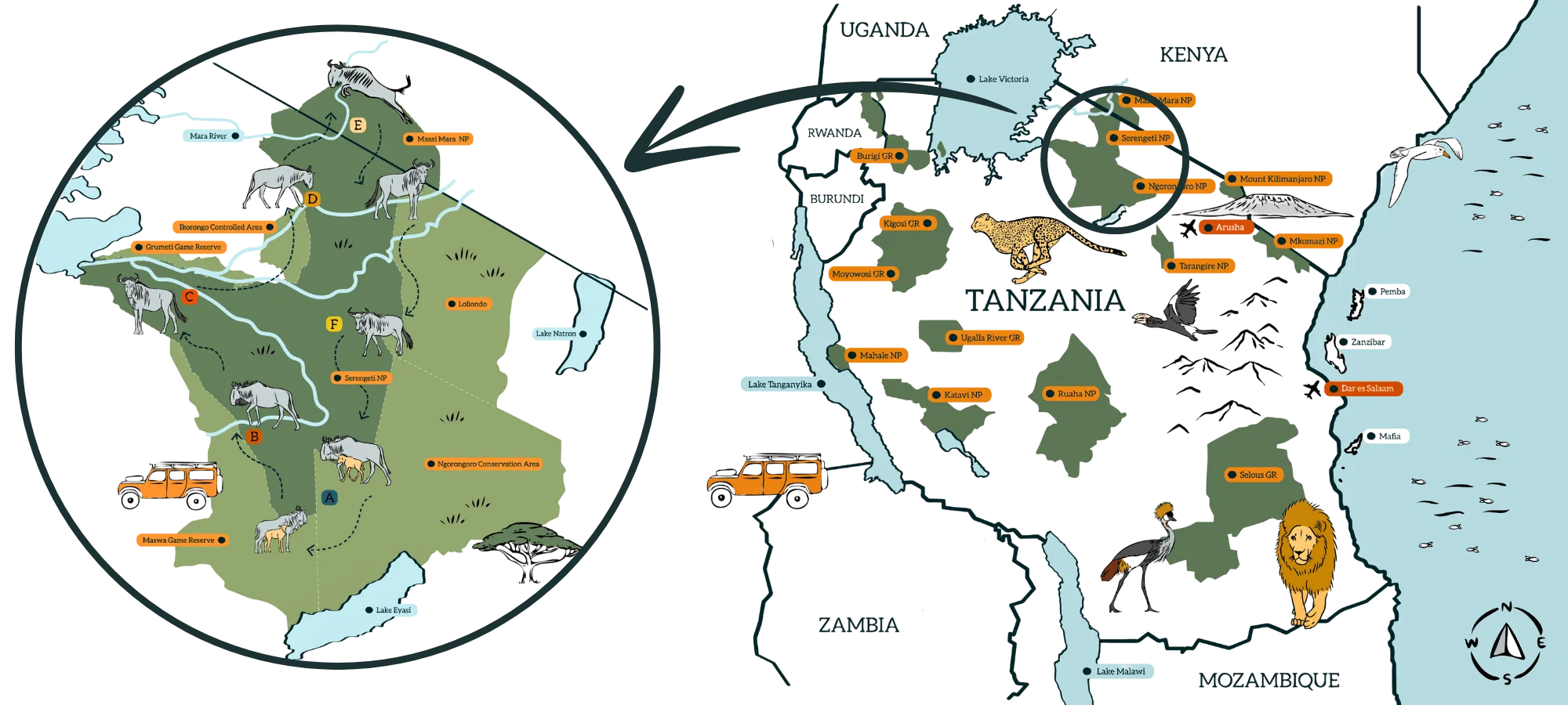 Map of the serengeti mara game reserves copyright wild wonderful world