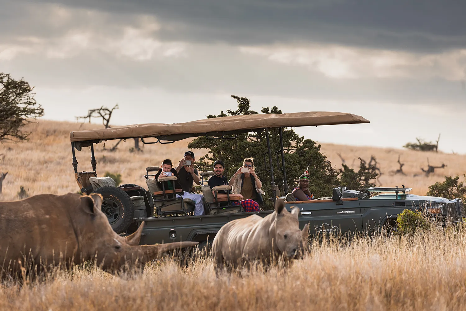 Safari tourists take photos of two rhino from the back of a open game vehicle