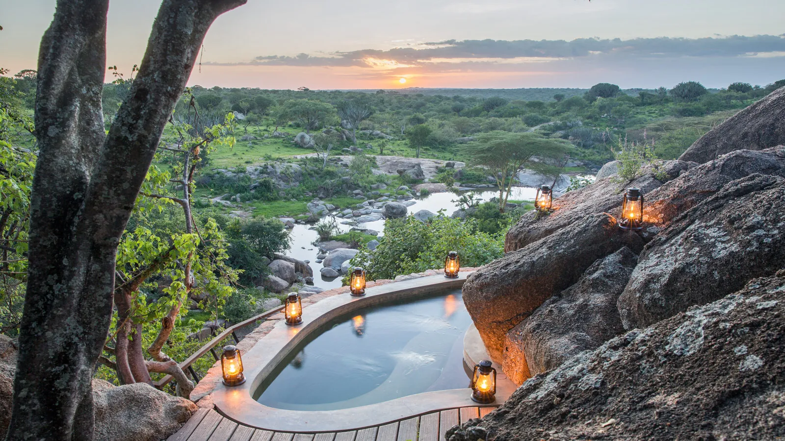 A pool set in the rock face of Mwiba Lodge overlooking the Serengeti