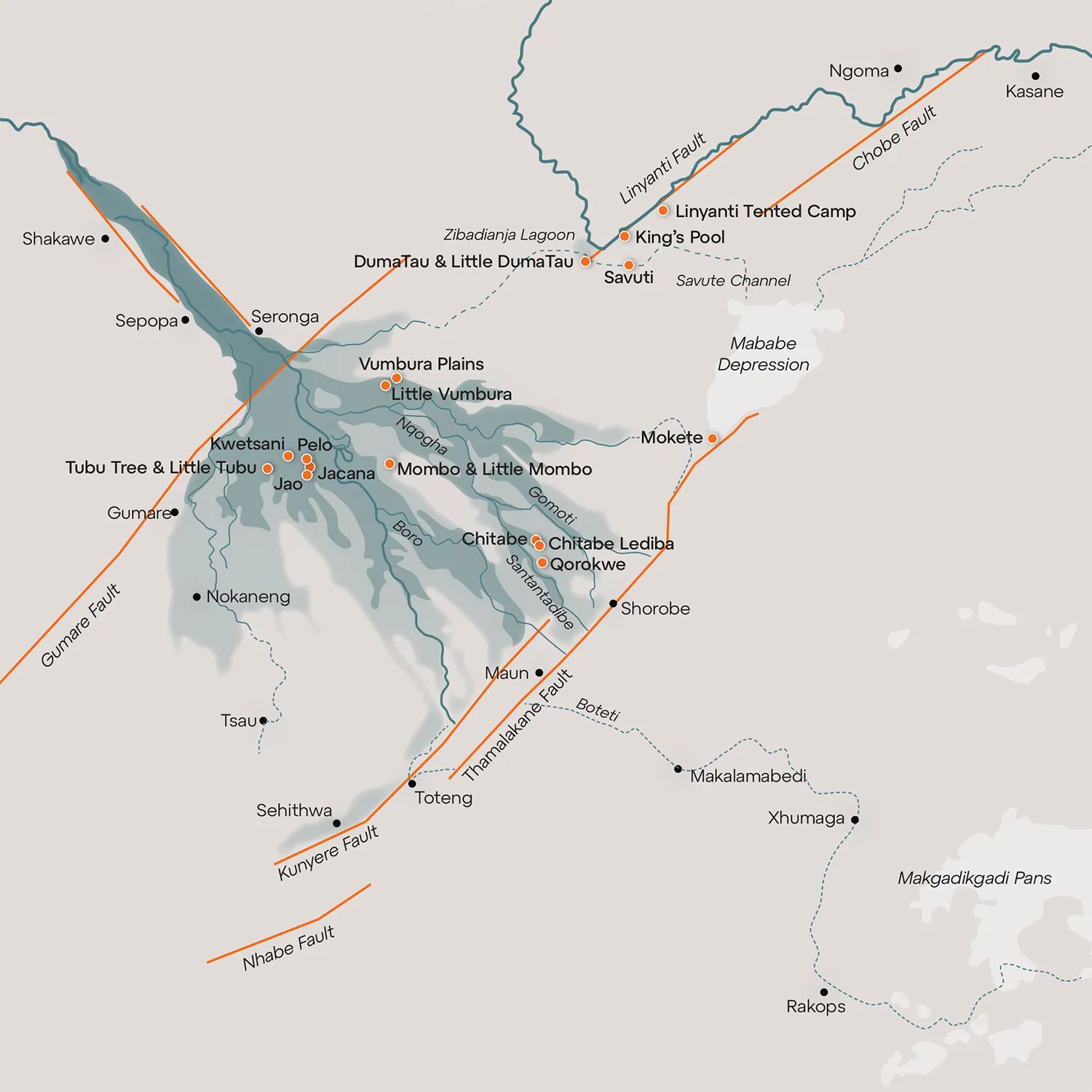 A map of the different Wilderness lodges in the Okavango Delta. Copyright Wilderness Safaris.