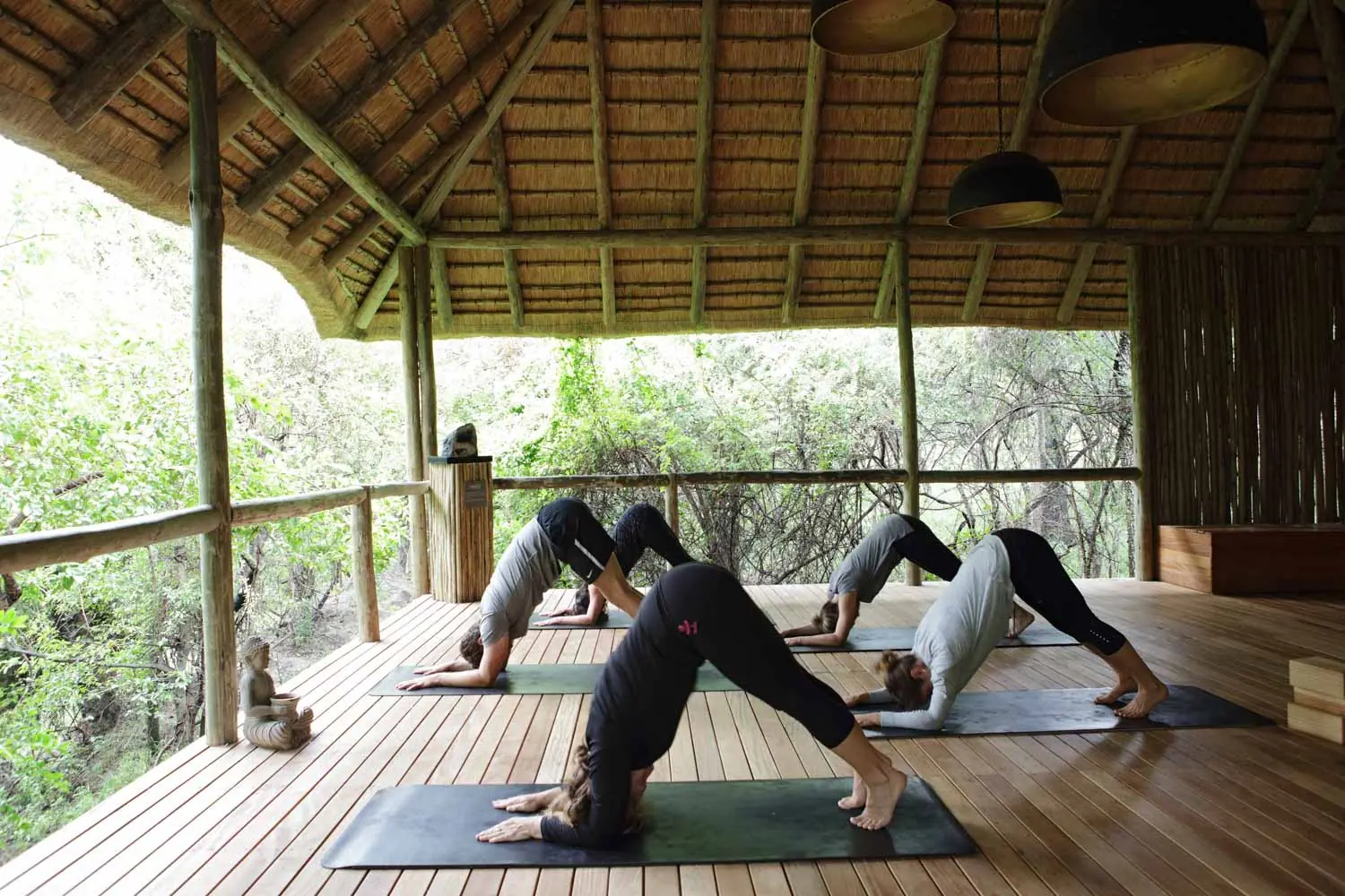 People practicing yoga on a wooden deck