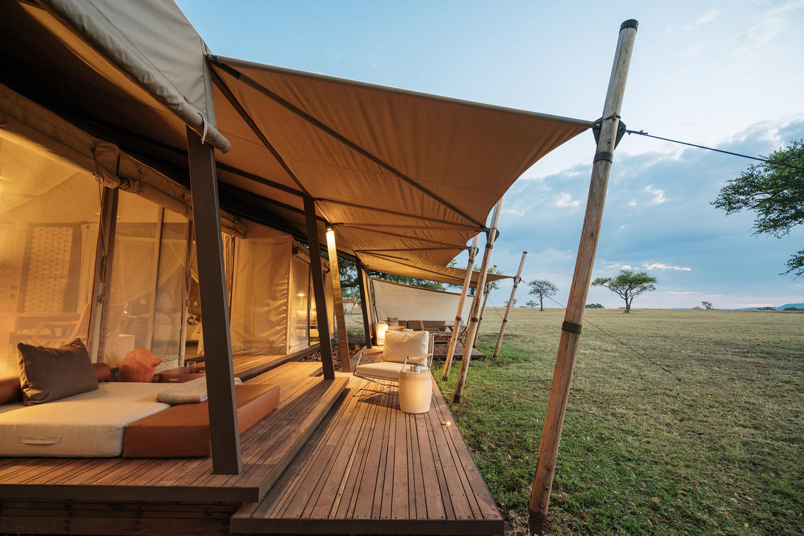 deck of a luxury safari tent in serengeti grumeti
