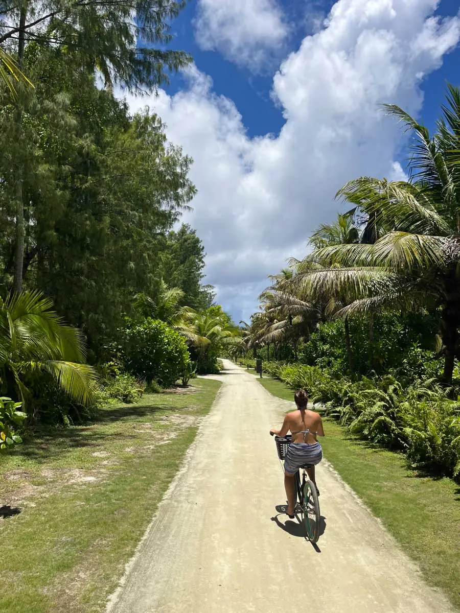 Woman cycling on tropical island