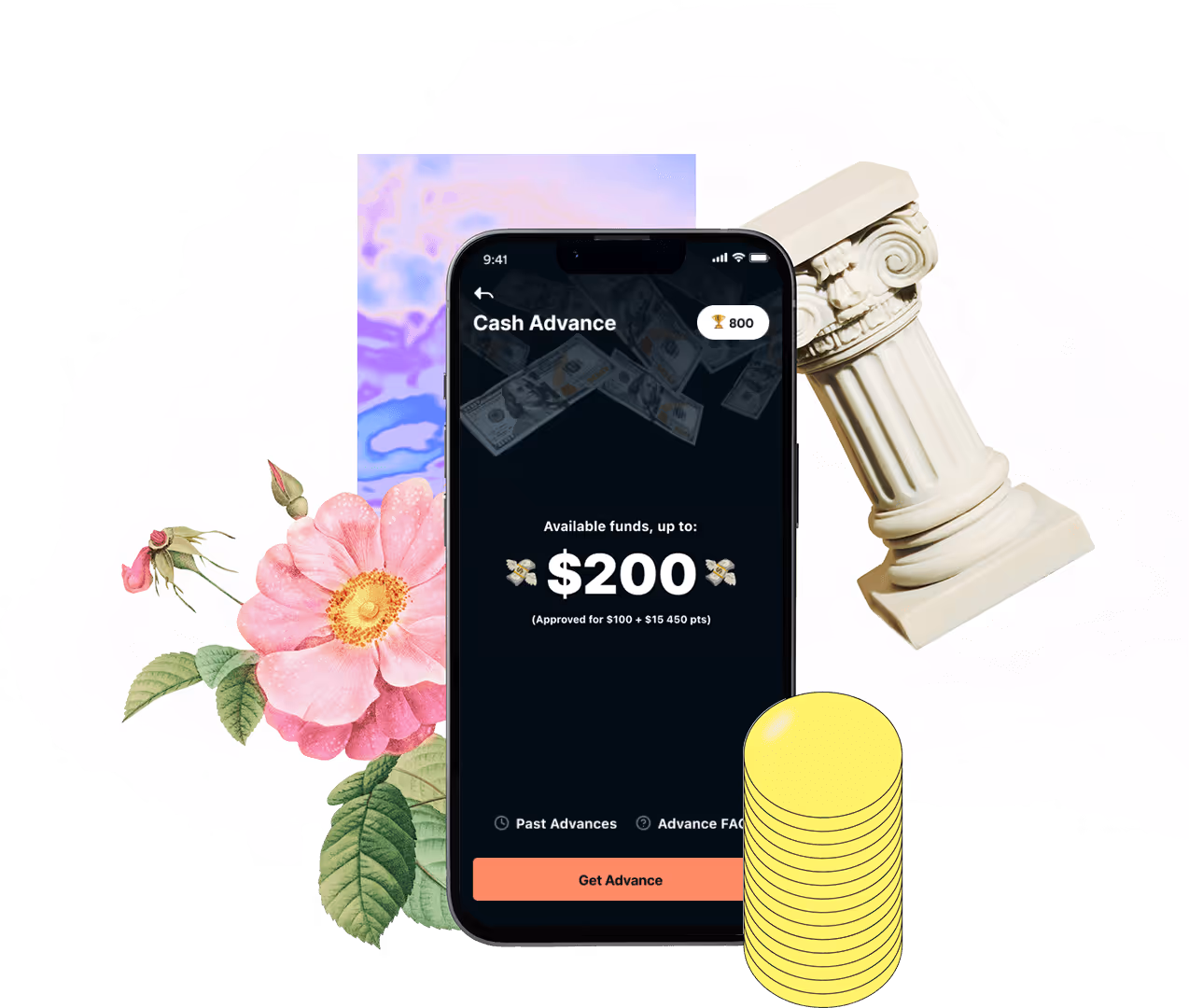 Smartphone showing $200 cash advance offer with floral, column, and coin stack collage background.