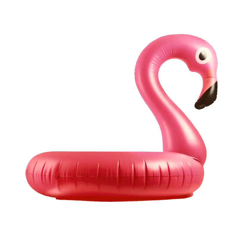 Pink inflatable pool float shaped like a flamingo.