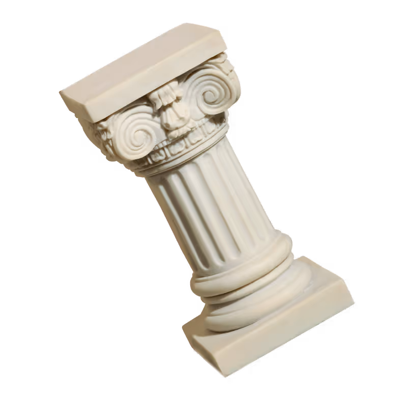 Tilted white Ionic column with ornate capital and fluted shaft.