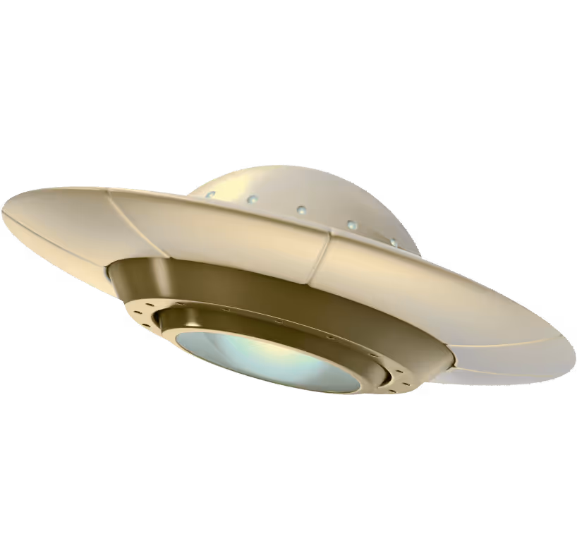 Illustration of a metallic flying saucer-style UFO with a glowing underside.