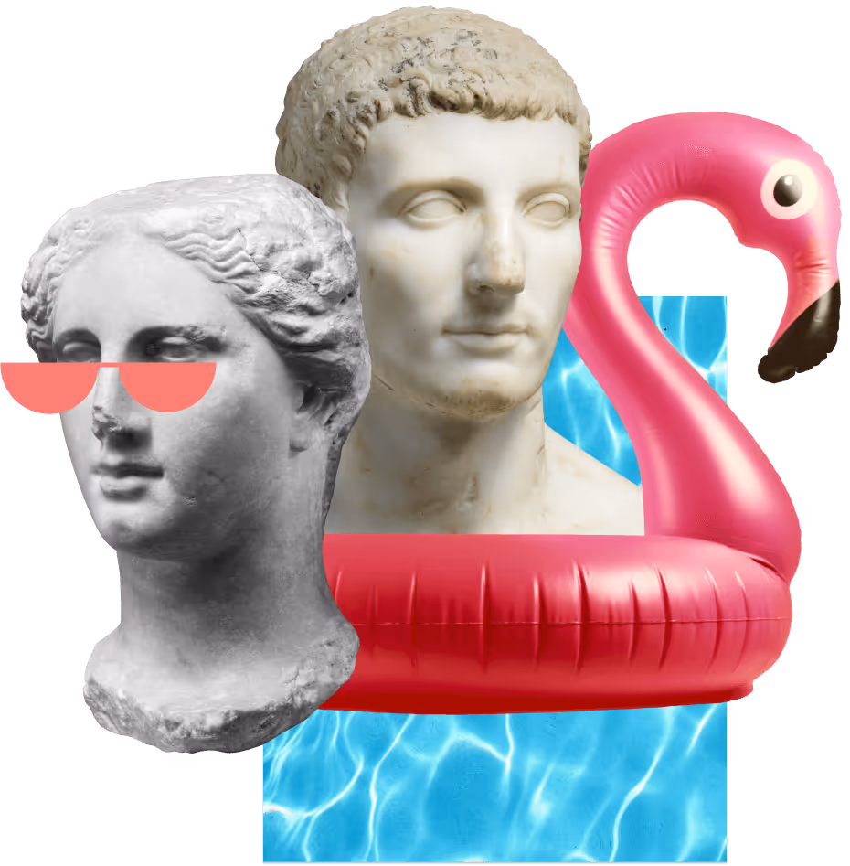 Collage of two marble busts, one wearing pink sunglasses, alongside a pink flamingo pool float over a blue water background.