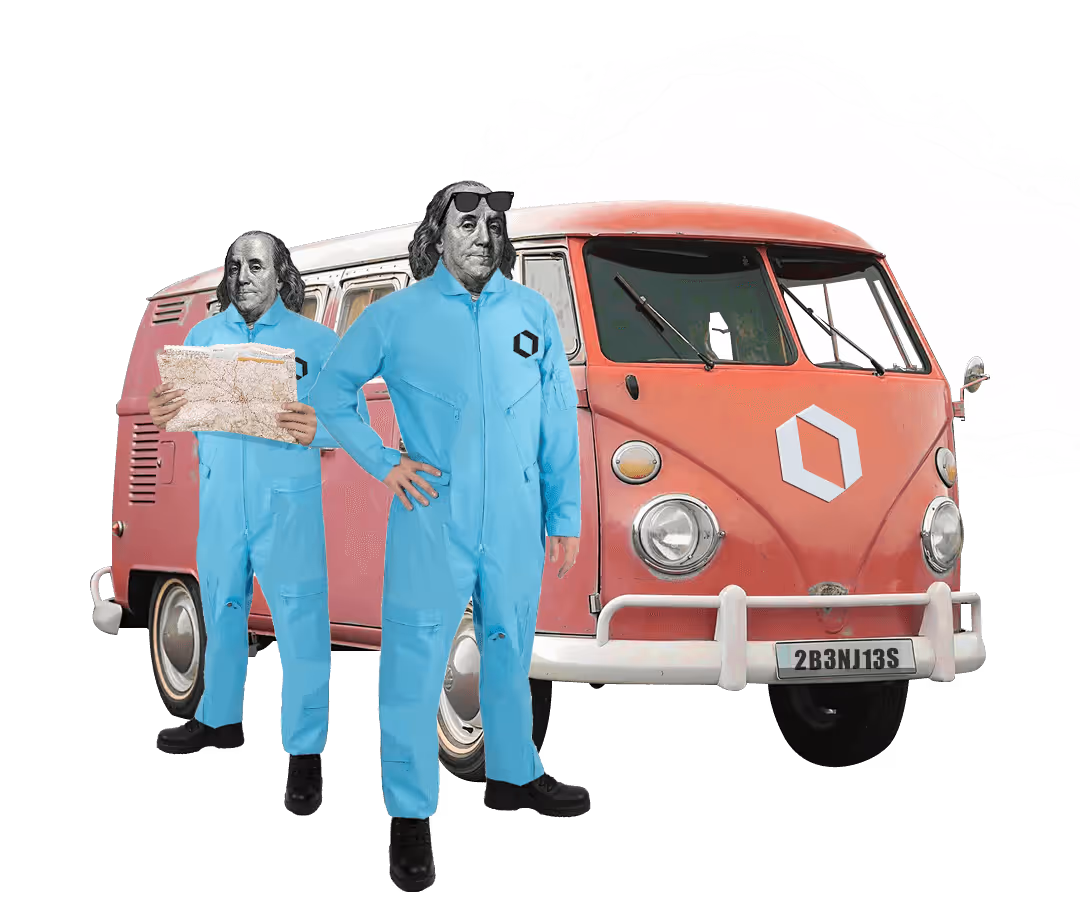 Two figures with Benjamin Franklin faces in blue jumpsuits standing by a red van, one holding a map.