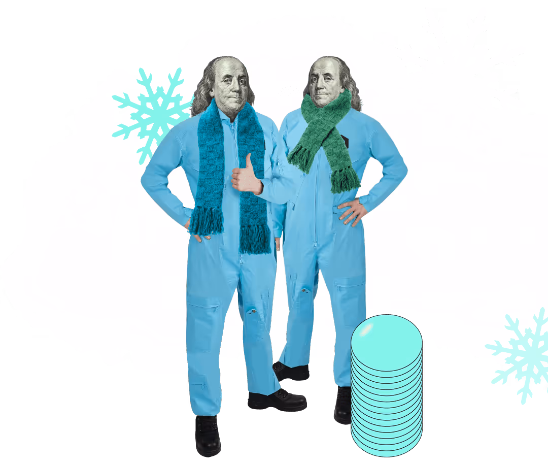 Two figures with Benjamin Franklin faces in blue jumpsuits and green scarves, surrounded by snowflakes and a coin stack.