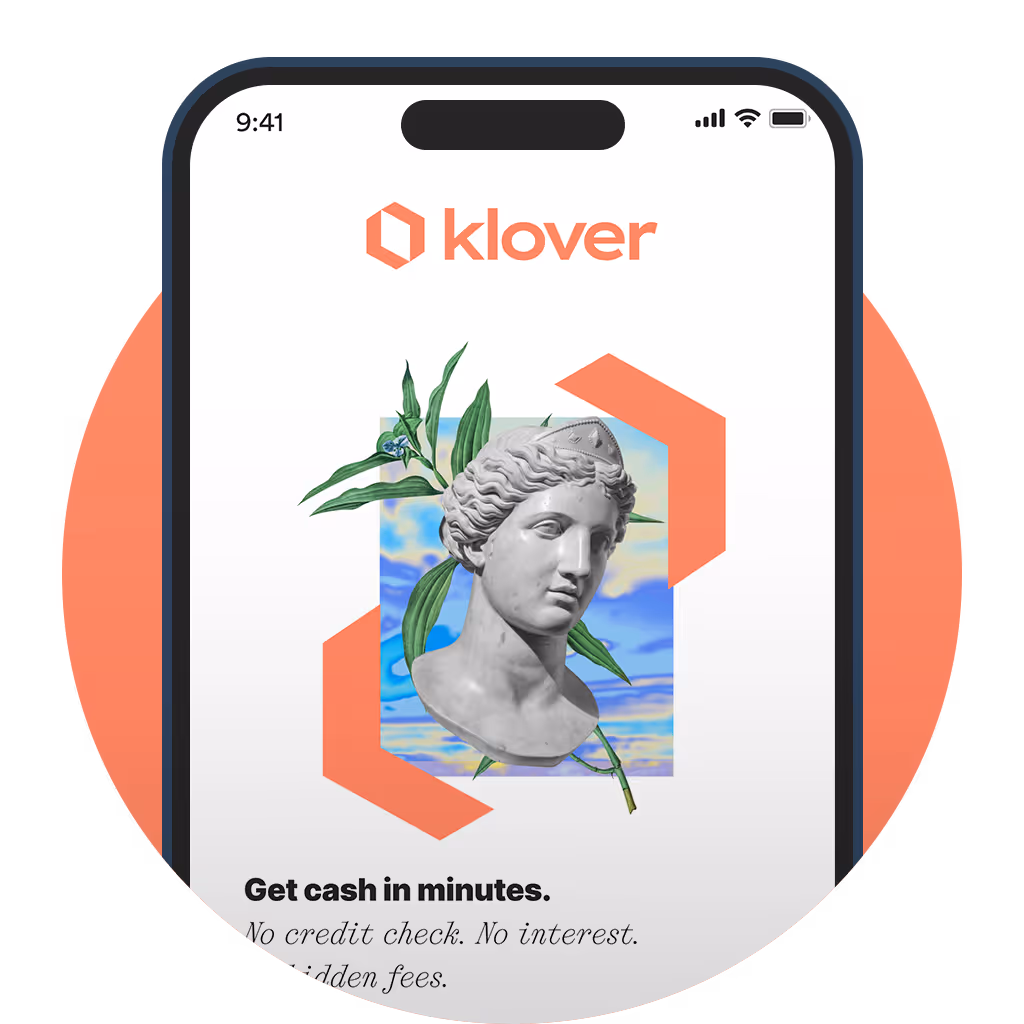 Klover app screen with logo, marble statue head, and plant illustration against a colorful background.