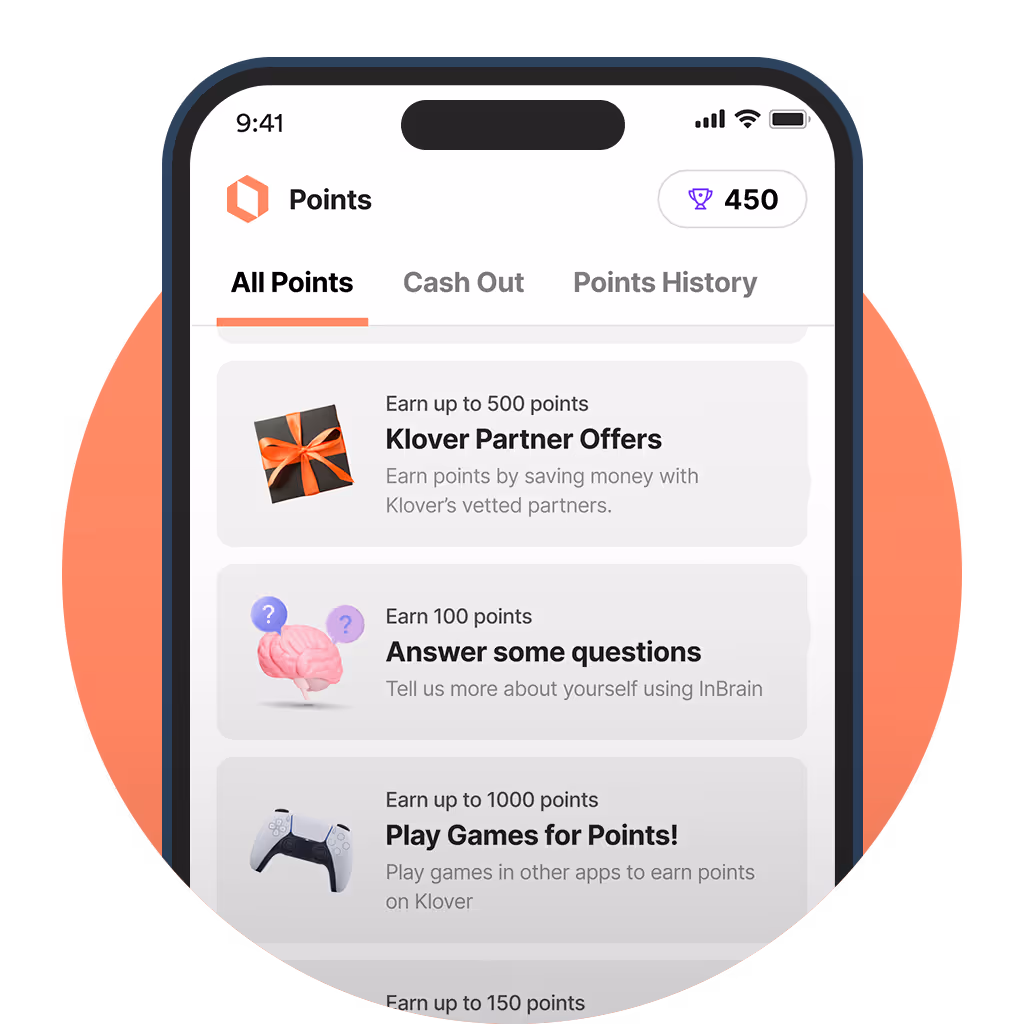 Close-up of Klover app screen showing points offers for partner deals, answering questions, and playing games.