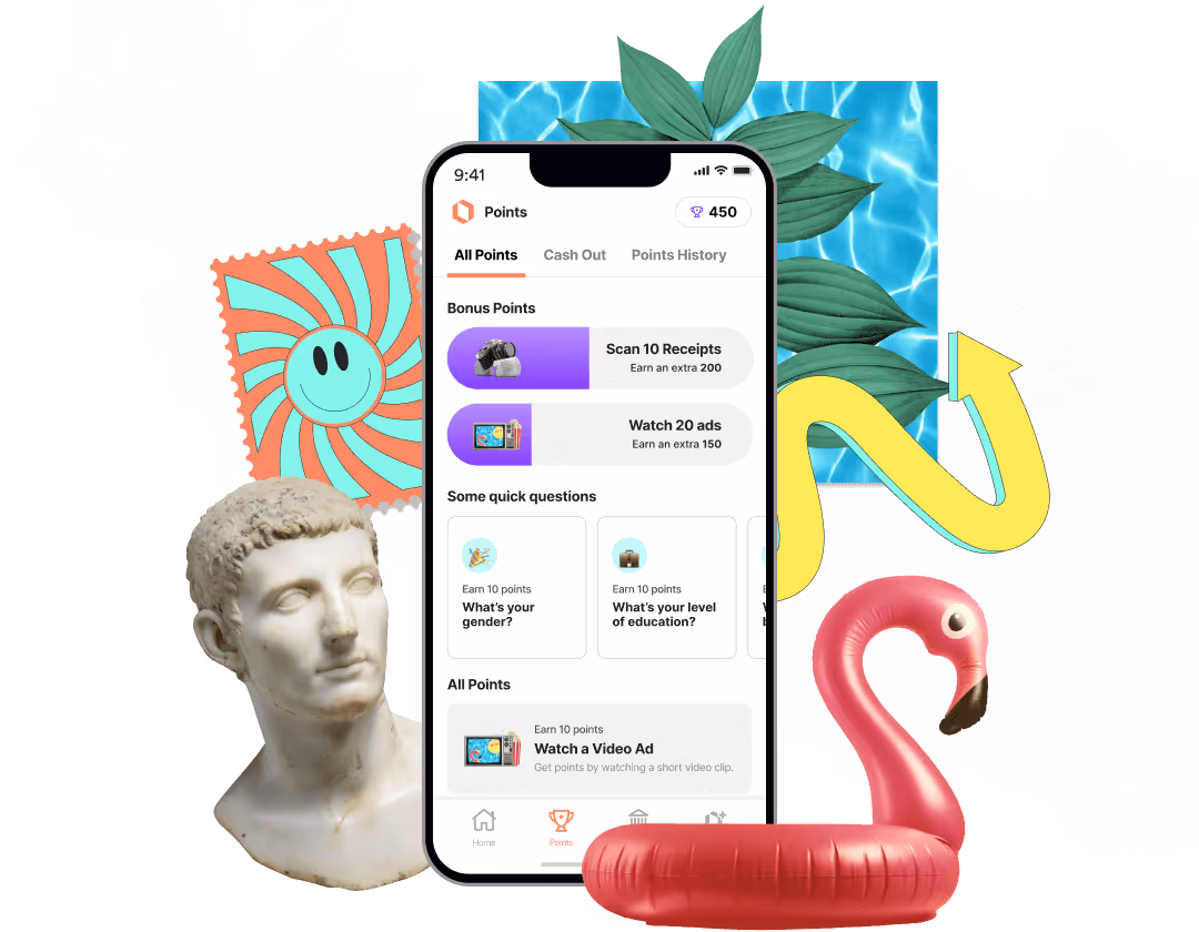 Smartphone showing points and rewards offers with collage of statue head, inflatable flamingo, and graphic elements.