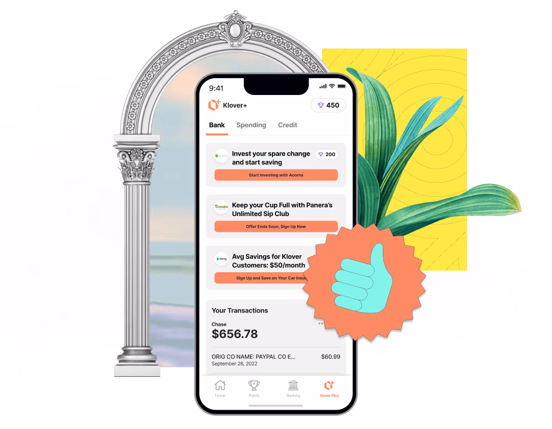 Smartphone showing banking offers and transactions with decorative arch, plant, and thumbs-up graphic.