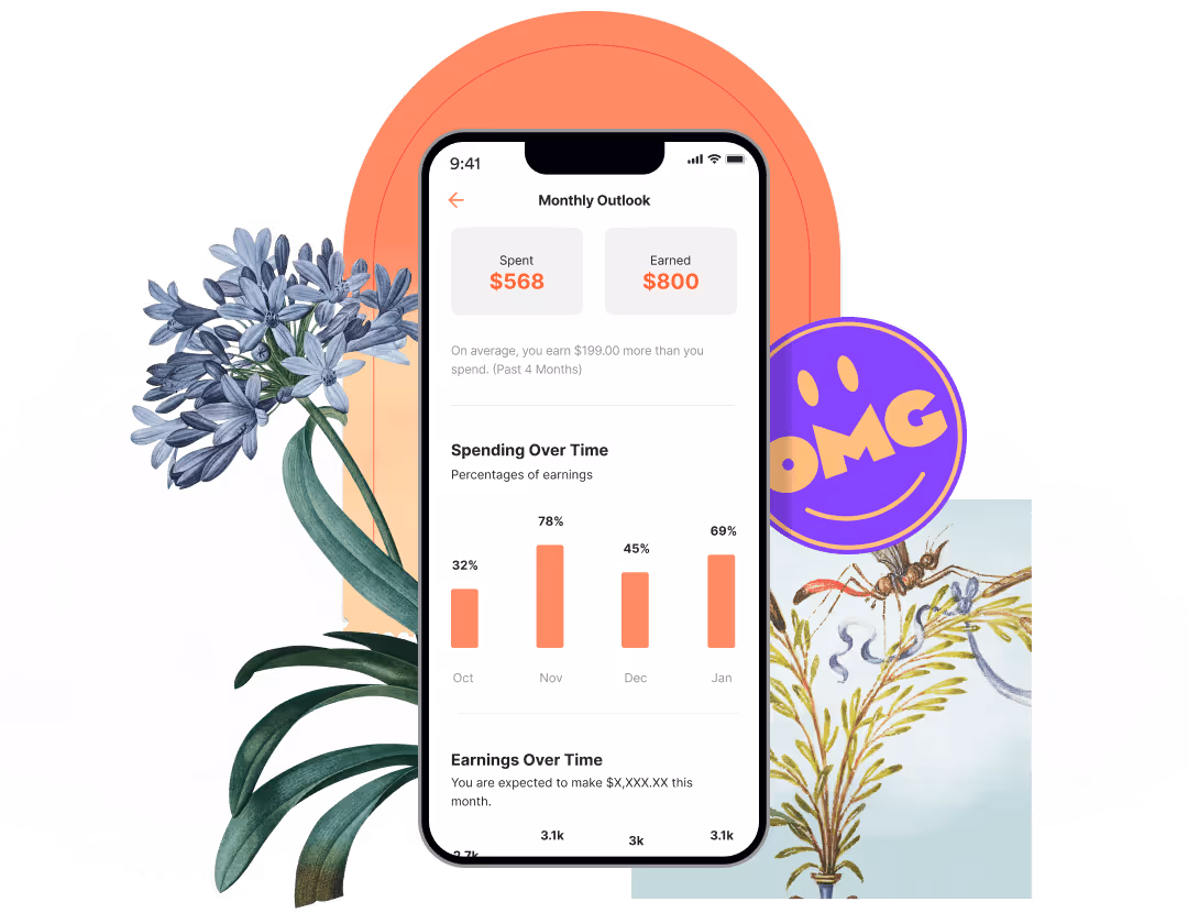 Smartphone showing monthly spending and earnings chart with floral and graphic collage background.