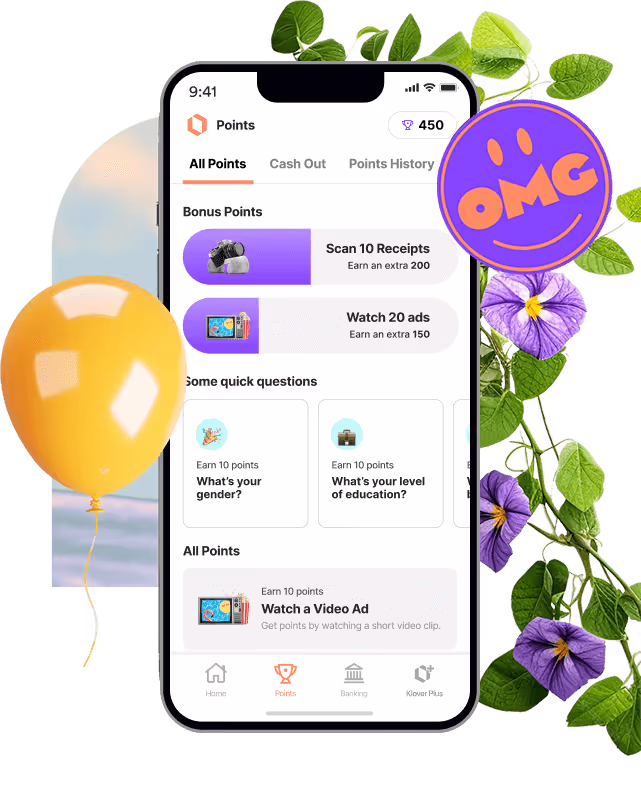 Klover app screen displaying points and bonus offers, surrounded by a yellow balloon, purple flowers, and an “OMG” graphic.