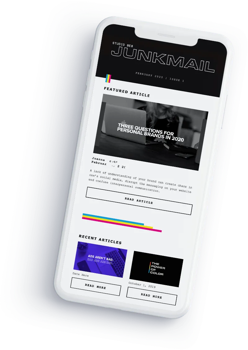 A smartphone displaying a digital newsletter titled "junkmail" with various articles on dental marketing and a colorful interface.